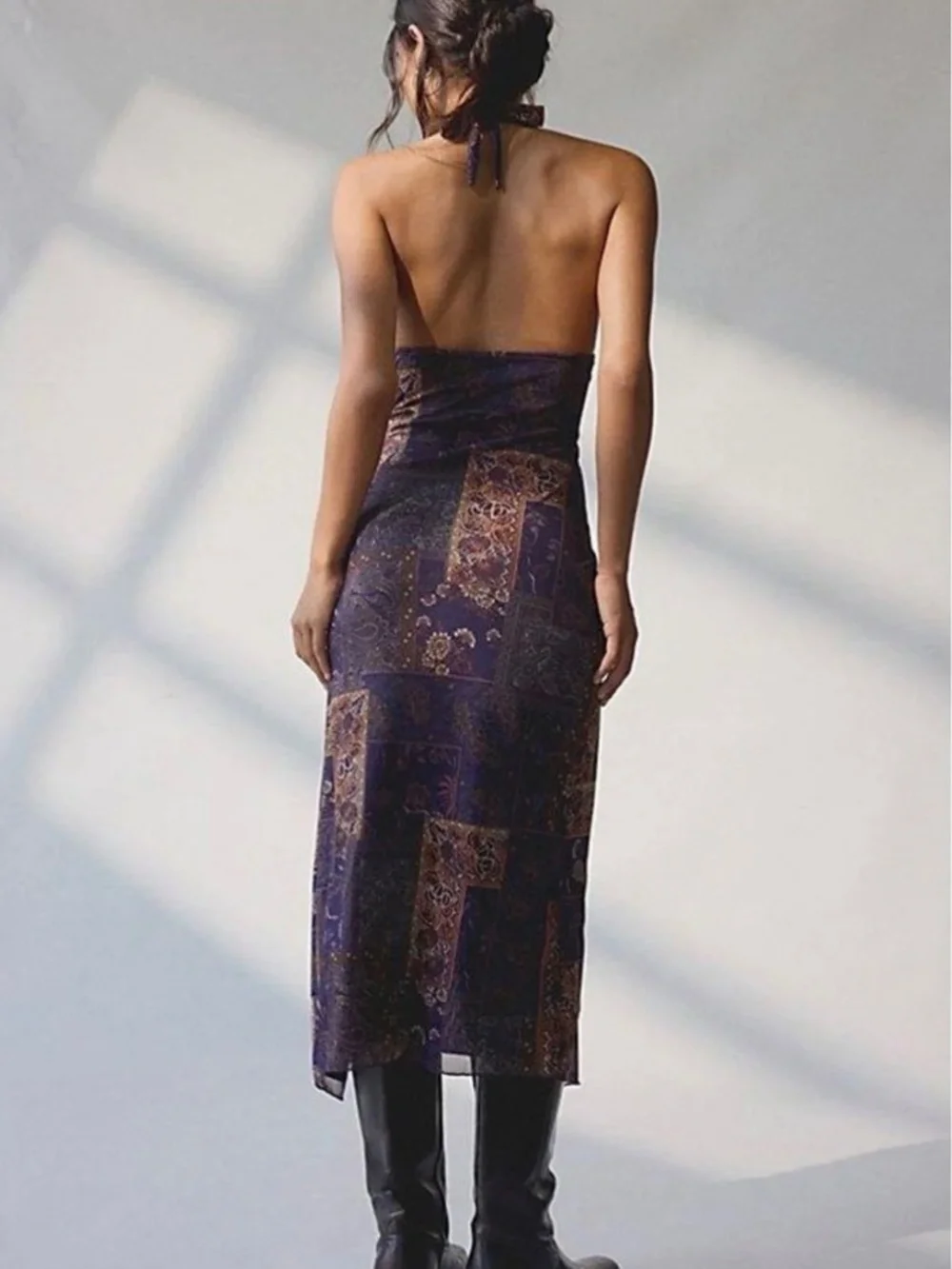 UO Deep Plunge Halter Ruched Mesh Midi Dress - Picture 4 of 4